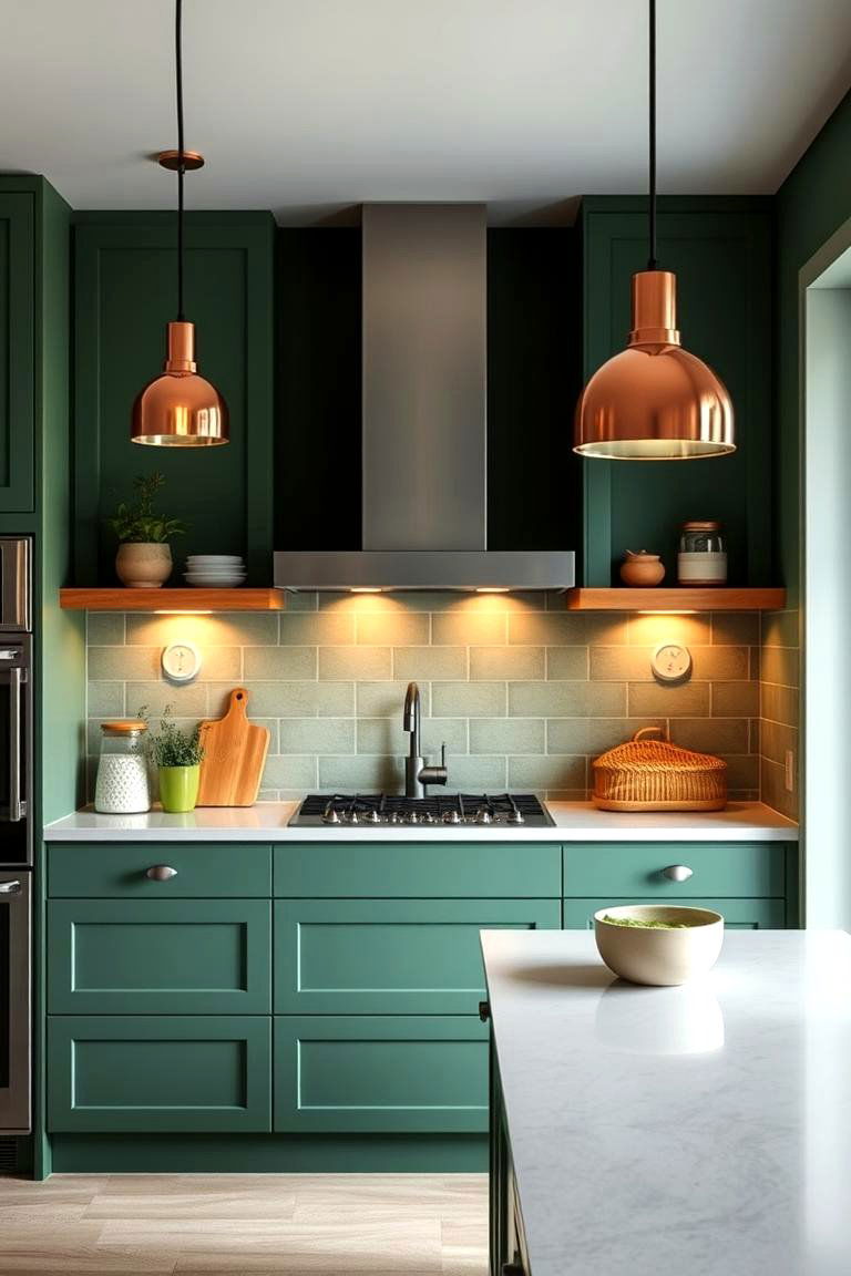 Ambient Copper Light Fixtures Complementing Green Palette - 24 Green and Copper Kitchen Ideas