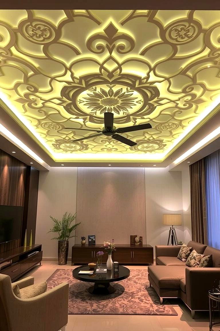 Ambient Lighting False Ceiling with Custom Patterns - 24 Living Room False Ceiling Design Ideas