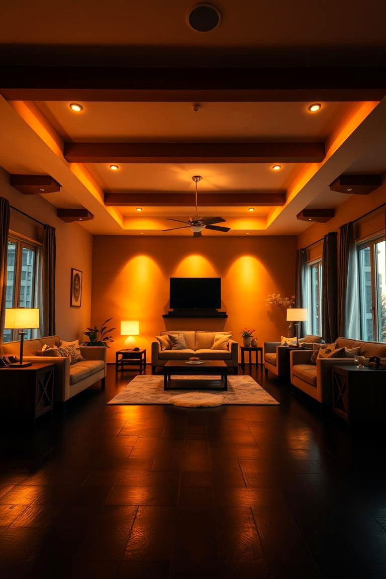 Ambient Lighting Over Black Floor - 24 Black Floor Living Room Ideas