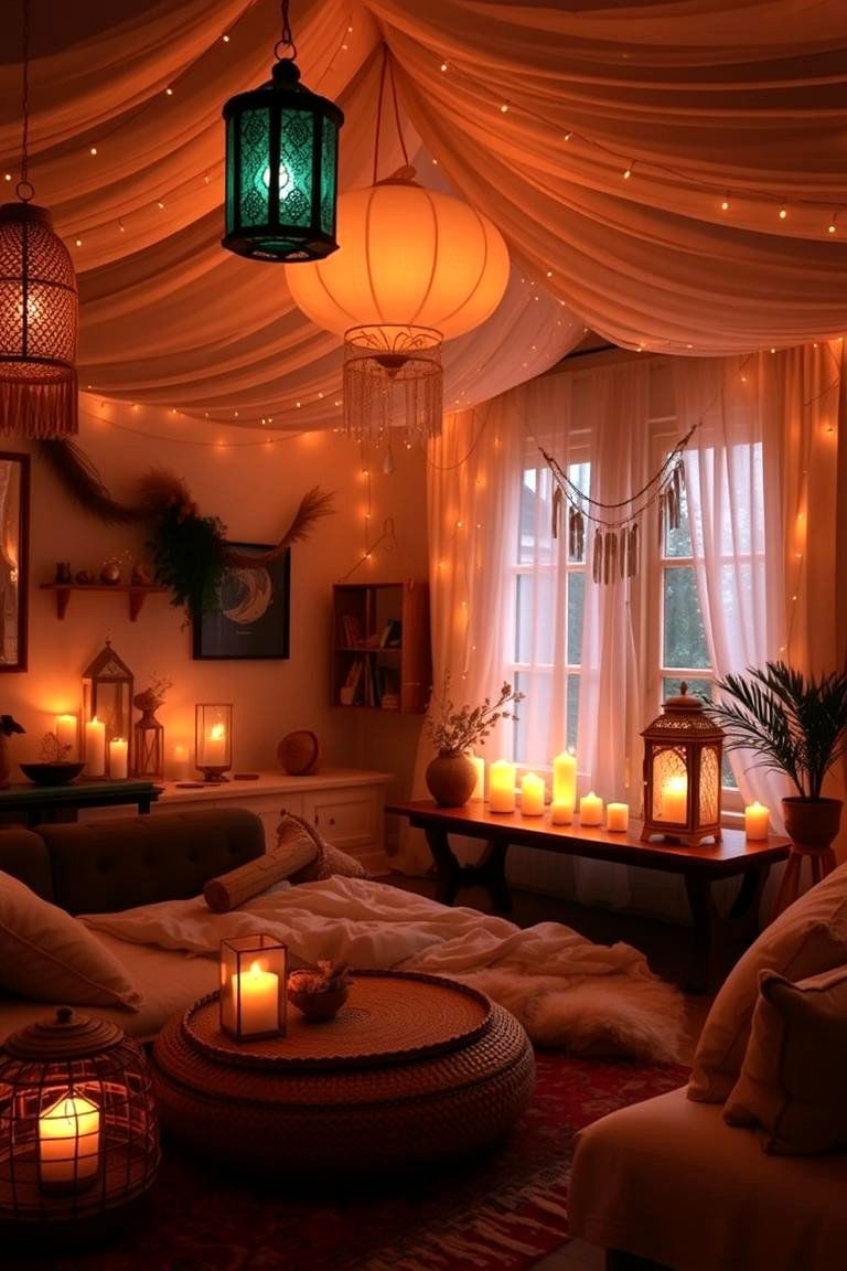 Ambient Lighting with Lanterns - 24 Boho Living Room Ideas