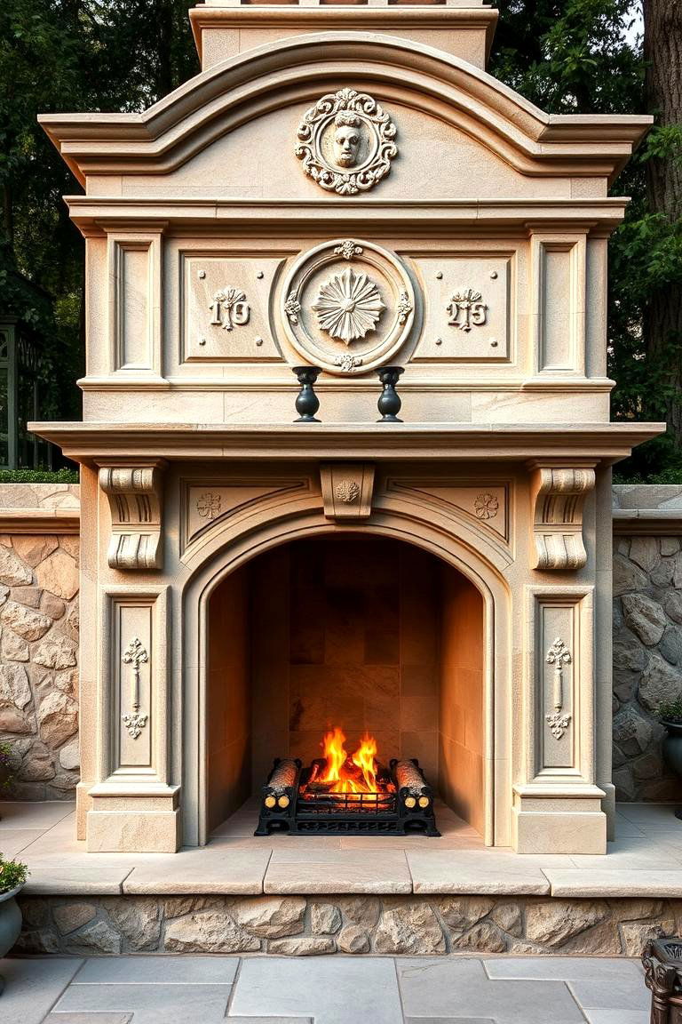 An Elegant Cast Stone Fireplace - 24 Outdoor Fireplace Ideas