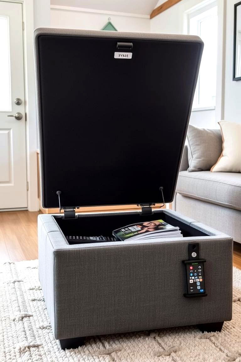 An Ottoman with Hidden Storage Compartment - 24 Tiny House Storage Ideas
