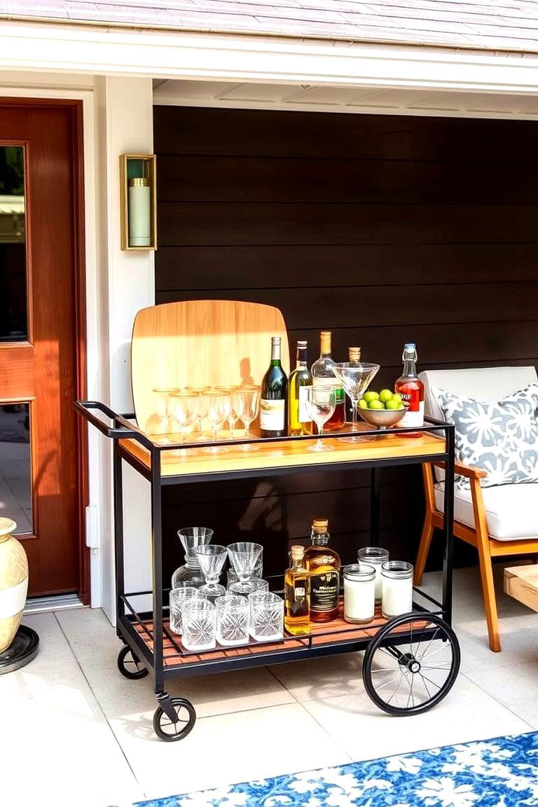 An Outdoor Bar Cart with Retro Accessories - 24 Mid-century Modern Patio Ideas