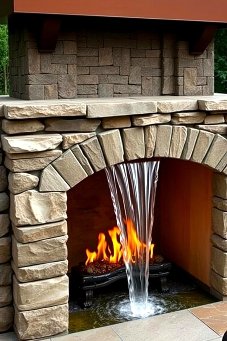 An Outdoor Fireplace with Water Feature Integration - 24 Outdoor Fireplace Ideas