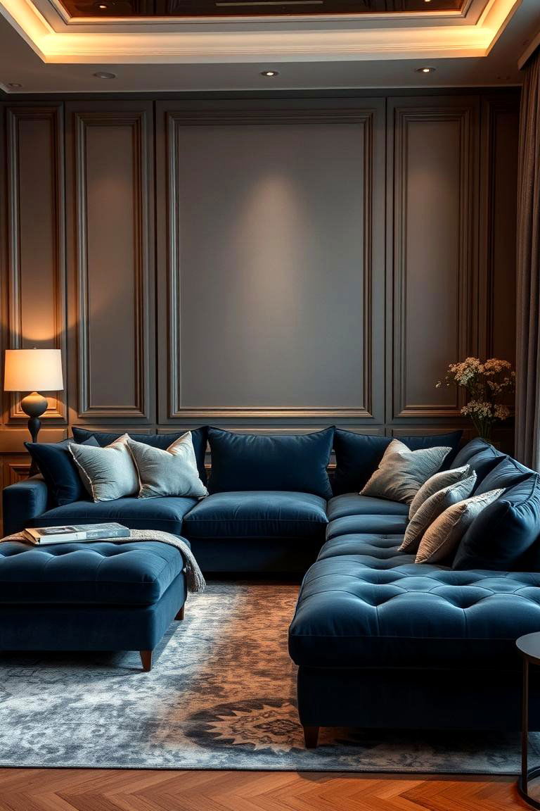 Anchoring with a Navy Blue Sectional - 24 Navy Blue and Grey Living Room Ideas