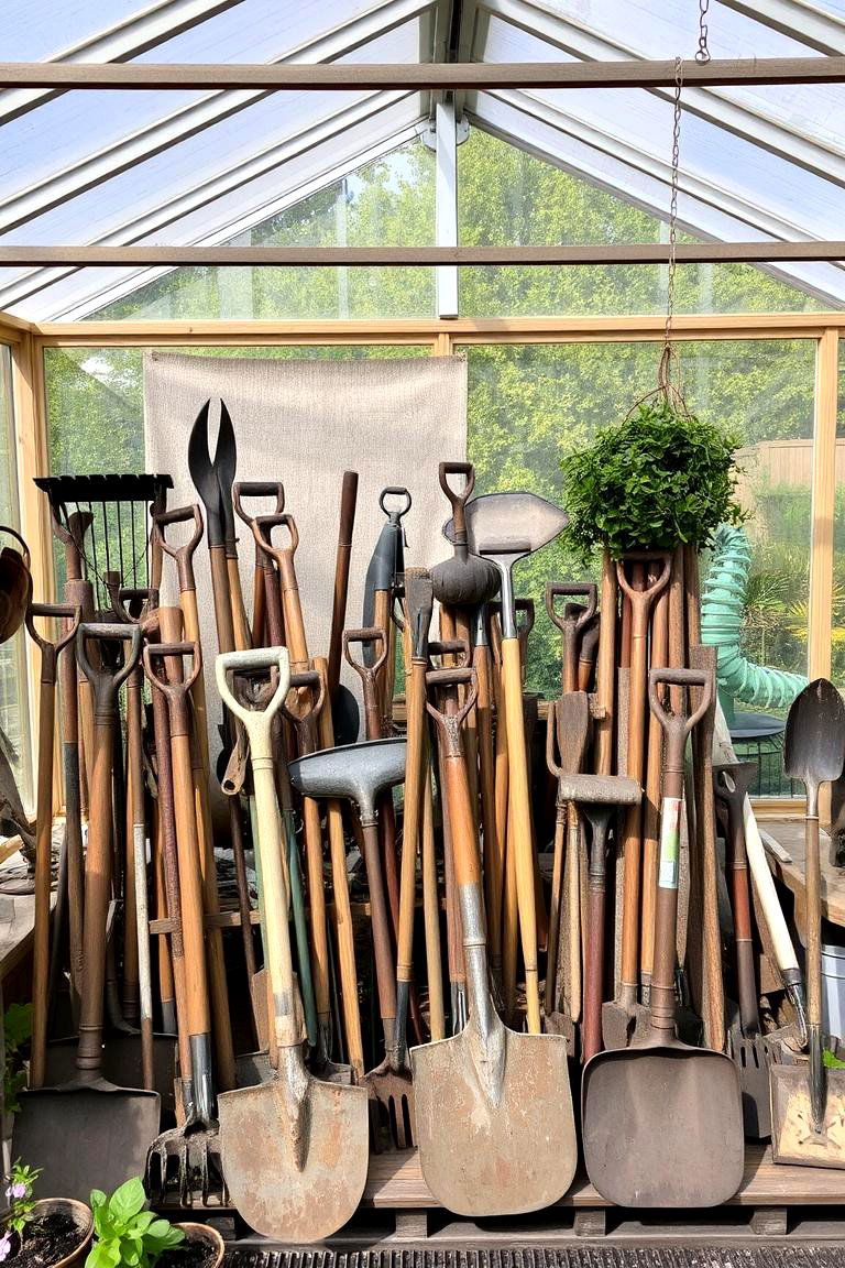 Antique Garden Tools Display - 24 Greenhouse Decor Ideas