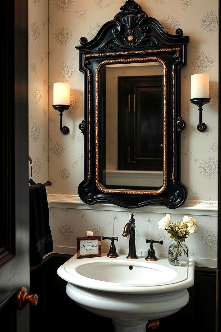 Antique Inspired Black Mirror with Gold Trims - 24 black and gold powder room ideas