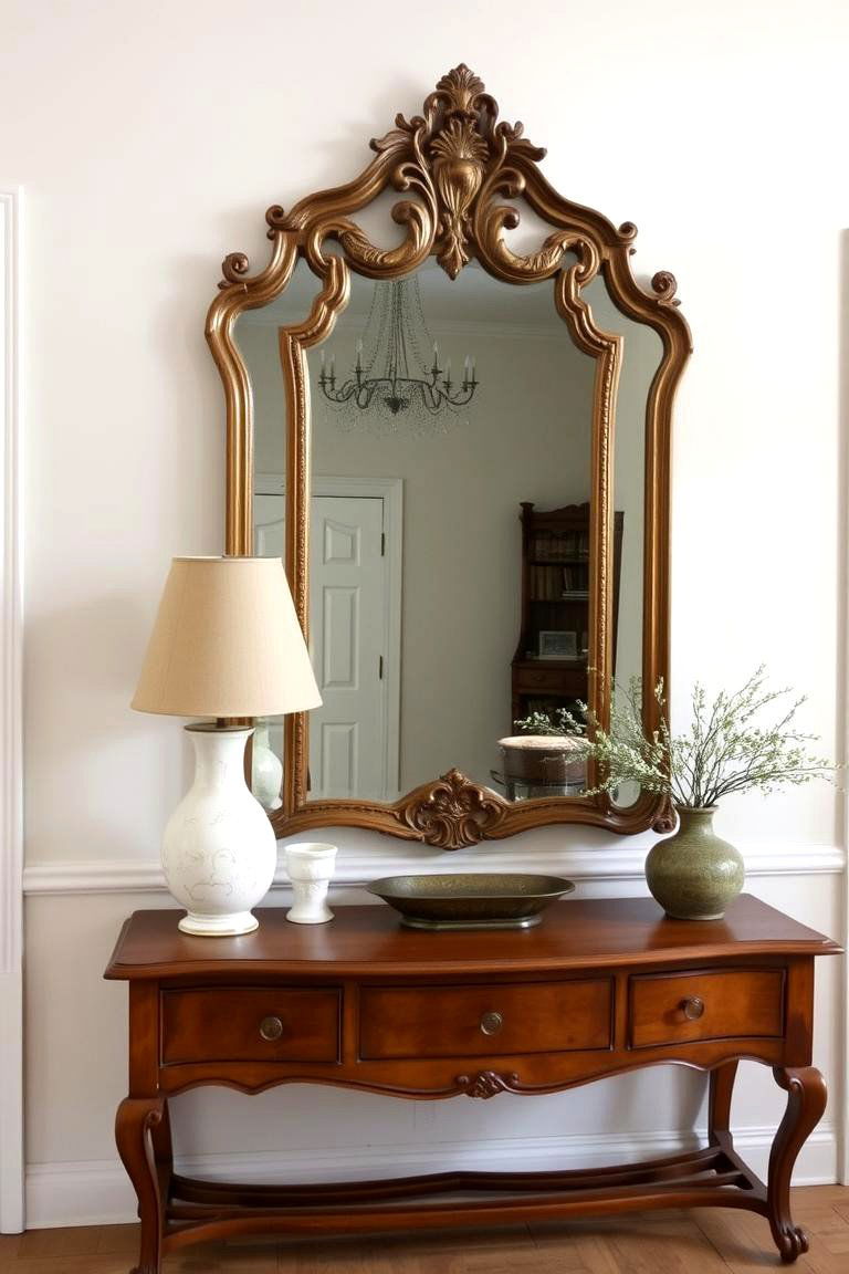 Antique Mirror with Ornate Frame - 24 entryway table decor ideas