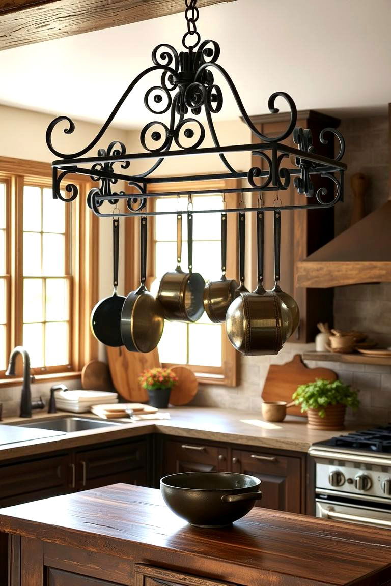 Antique Pot Rack Display - 24 Rustic Kitchen Ideas