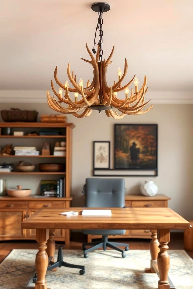 Antler Lighting Fixture - 24 Rustic Home Office Ideas