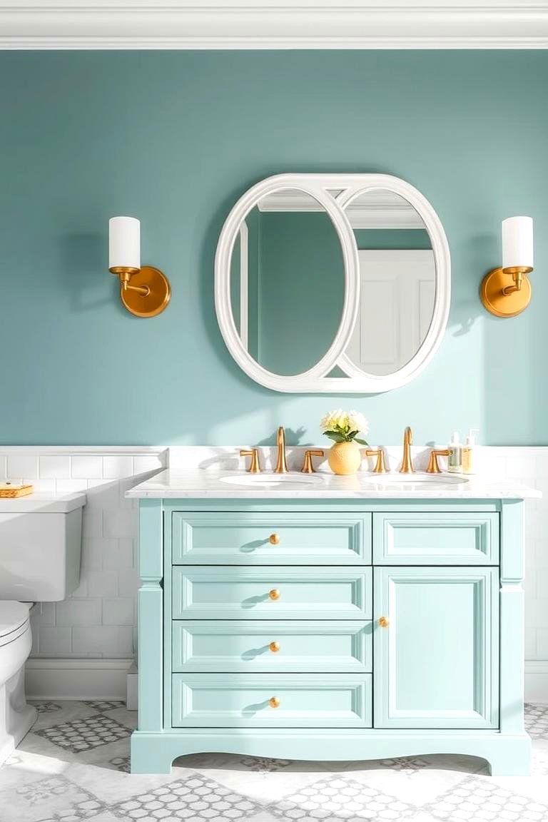 Aqua Green Vanity with White and Gold Fixtures - 24 Bathroom With Green Vanity