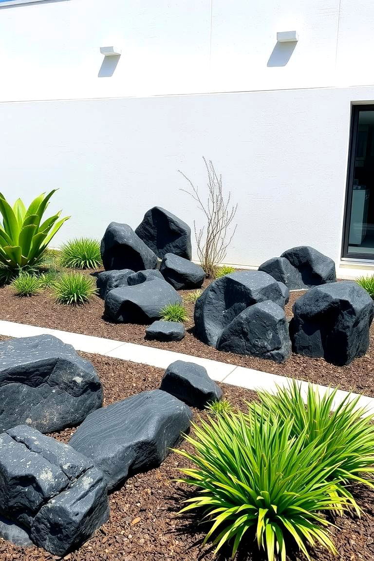 Arranging a Modern Sculptural Landscape - 24 Black River Rock Landscaping Ideas