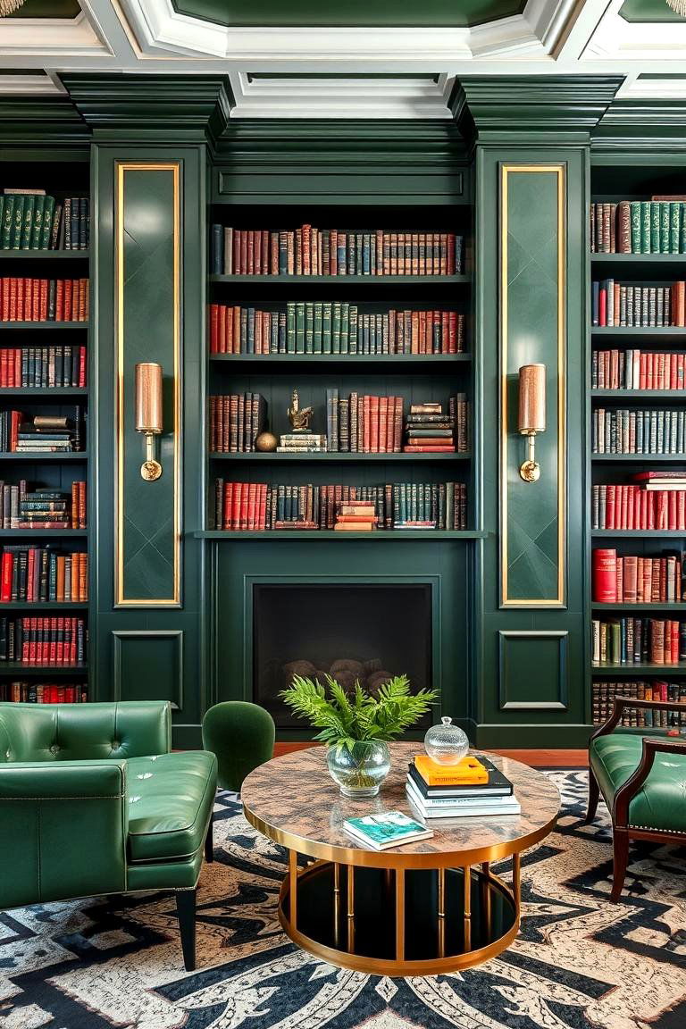 Art Deco Green Accents - 24 Dark Green Home Library Ideas and Inspiration