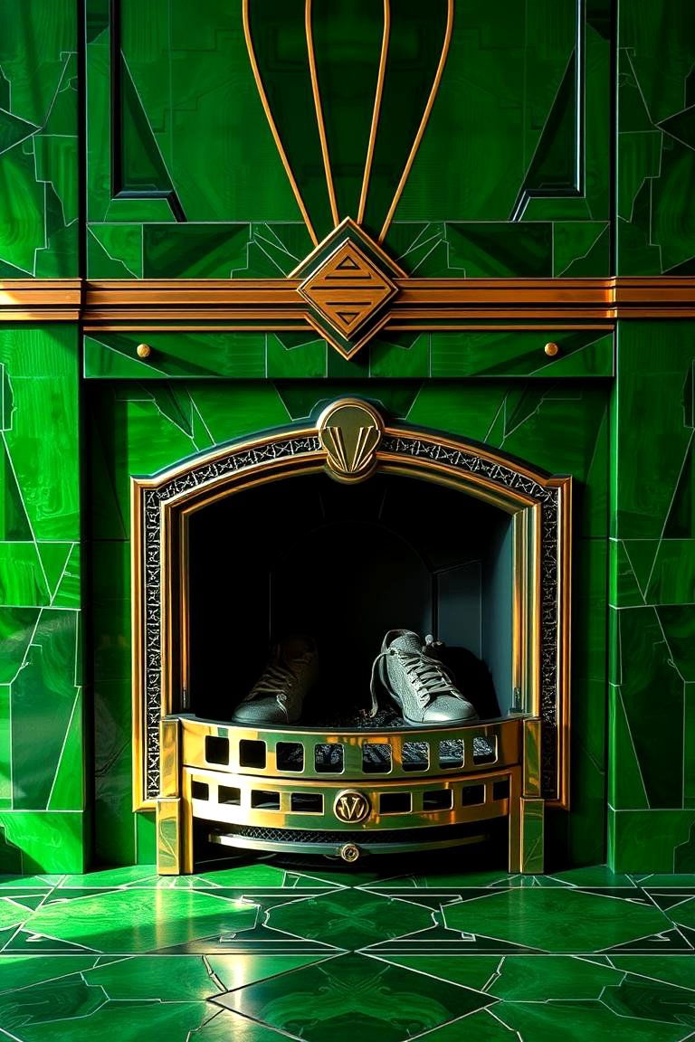 Art Deco Green Firebox with Metallic Touches - 24 Green Fireplace Ideas