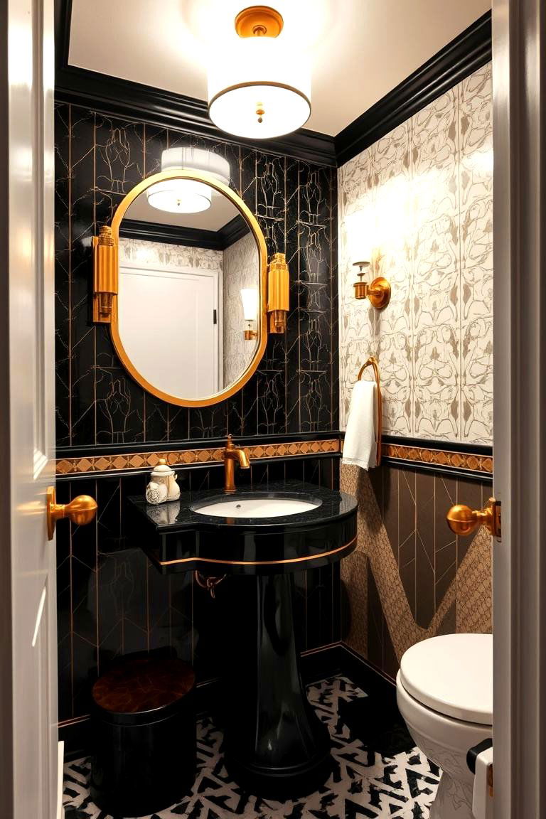 Art Deco Inspired Black and Gold Detailing - 24 black and gold powder room ideas