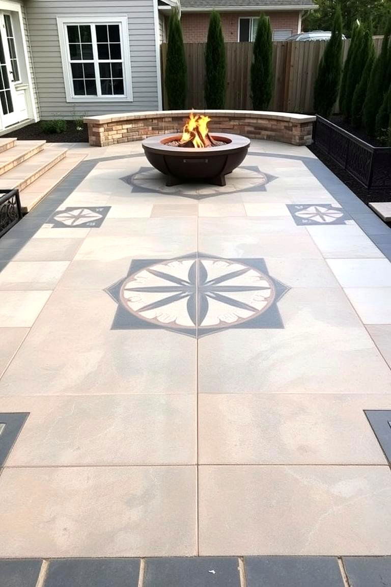 Art Deco Inspired Patio with Symmetry - 24 stamped concrete patio with fire pit ideas