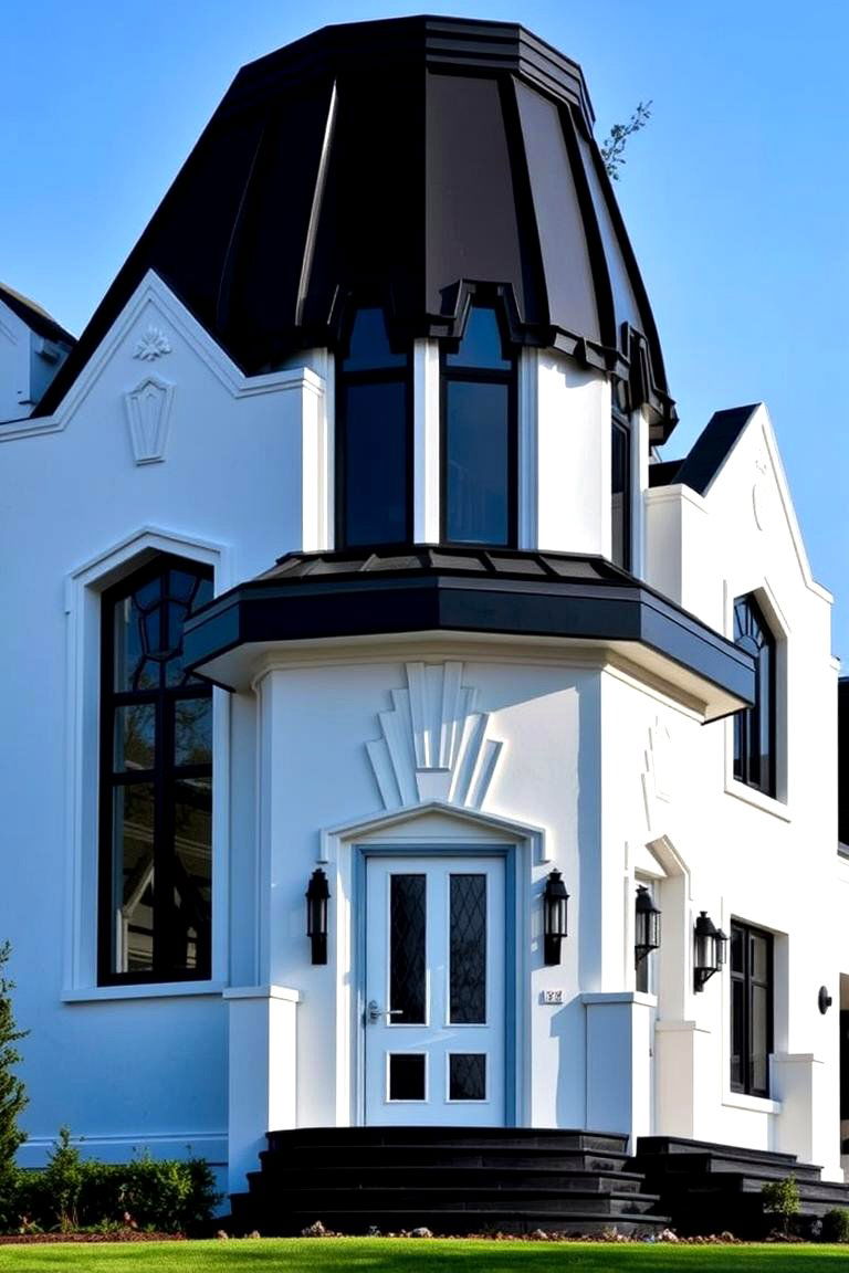 Art Deco Inspired with Geometric Details - 24 White Exterior Home with a Black Roof Ideas