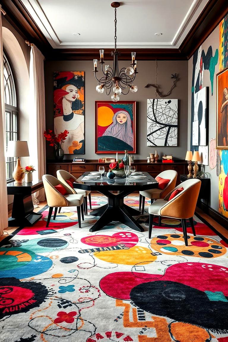 Art Inspired Carpet Accents - 24 Carpeted Dining Room Ideas