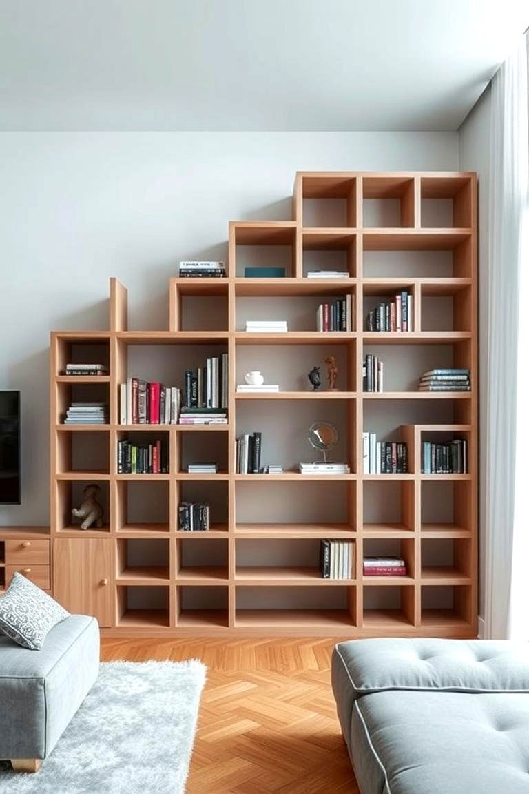 Artful Asymmetrical Bookshelf - 24 Living Room Bookshelf Ideas