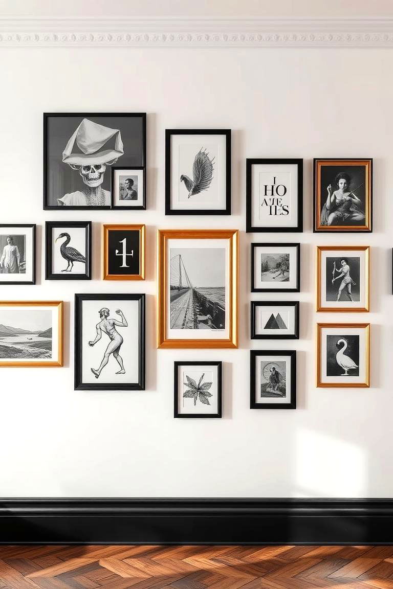 Artful Black and Gold Gallery Wall - 24 Black and Gold Living Room Ideas
