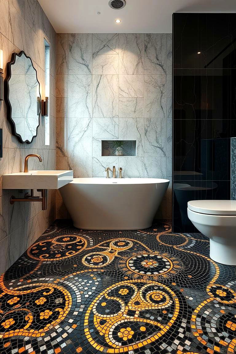 Artful Black and Gold Mosaic Floors - 24 Black and Gold Bathroom Ideas