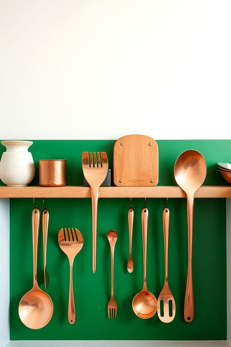 Artful Copper Utensils Arranged on Green Displays - 24 Green and Copper Kitchen Ideas