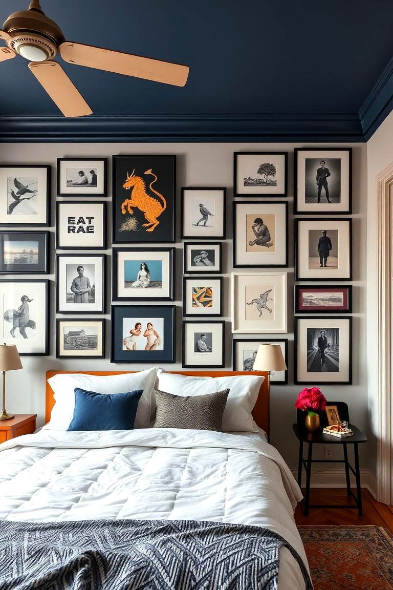 Artful Gallery Wall with Dark Blue Hues - 24 Dark Blue Bedroom Ideas