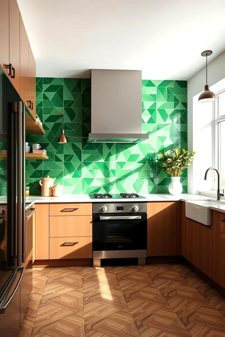 Artful Green Geometry - 24 Kitchen With Green Backsplash Ideas