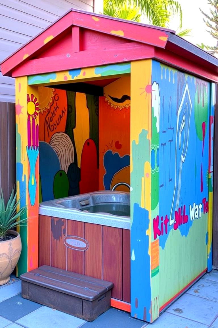 Artfully Painted Accent Enclosure - 24 Hot Tub Enclosure Ideas