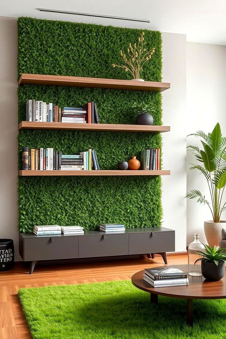 Artificial Grass Wall with Built in Shelving - 24 Artificial Grass Wall Design Ideas