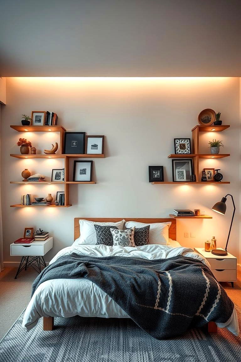 Artistic Asymmetrical Shelves - 24 Bedroom Shelving Ideas