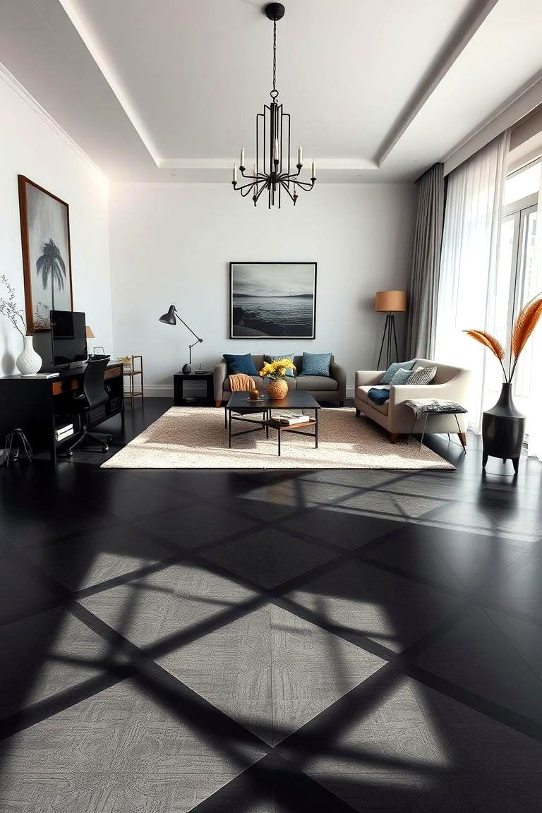Artistic Black Floor Patterns - 24 Black Floor Living Room Ideas