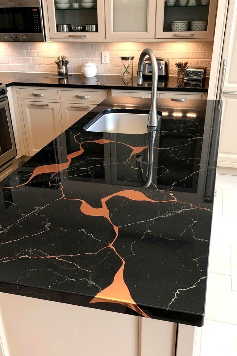 Artistic Black Granite Countertops with Copper Inlays - 24 black and copper kitchen ideas