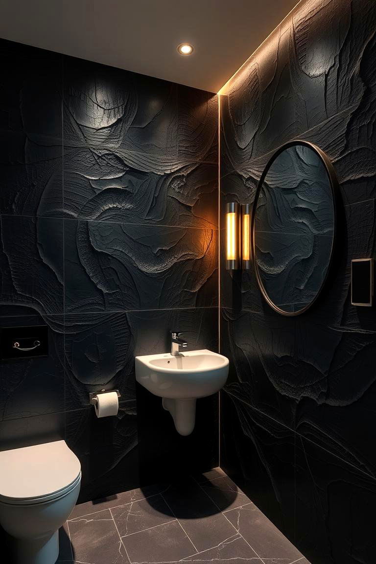 Artistic Black Textured Walls - 24 Black Bathroom Ideas