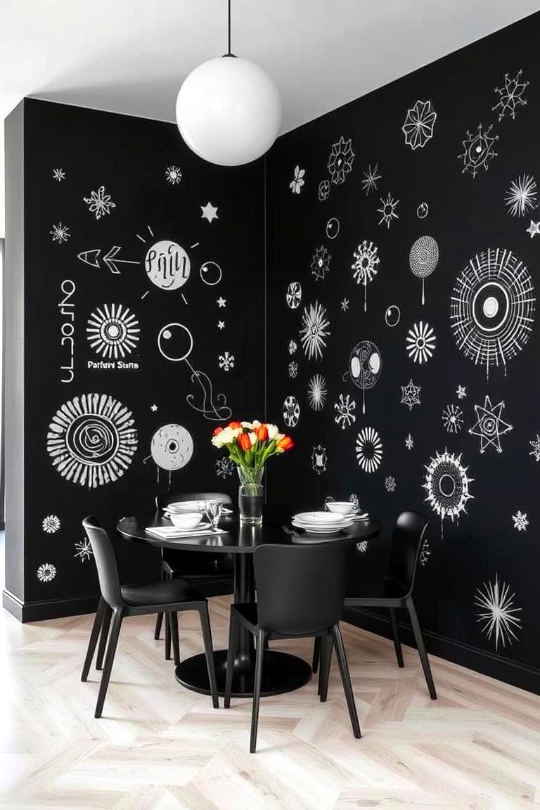 Artistic Black Wall with Stencils - 24 Black Accent Wall Dining Room Ideas