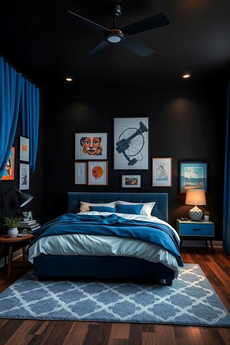 Artistic Black Walls with Bold Blue Accents - 24 Black and Blue Bedroom Ideas