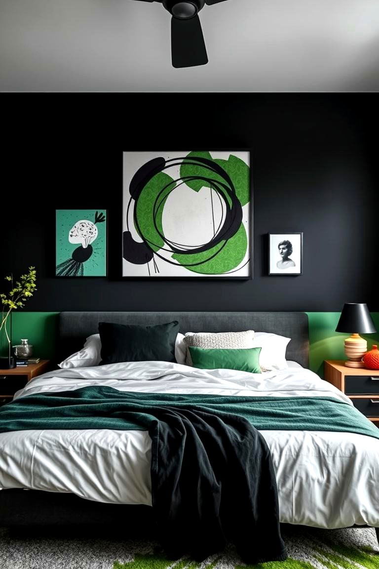 Artistic Black and Green Wall Art Display - 24 Black and Green Bedroom Design Ideas