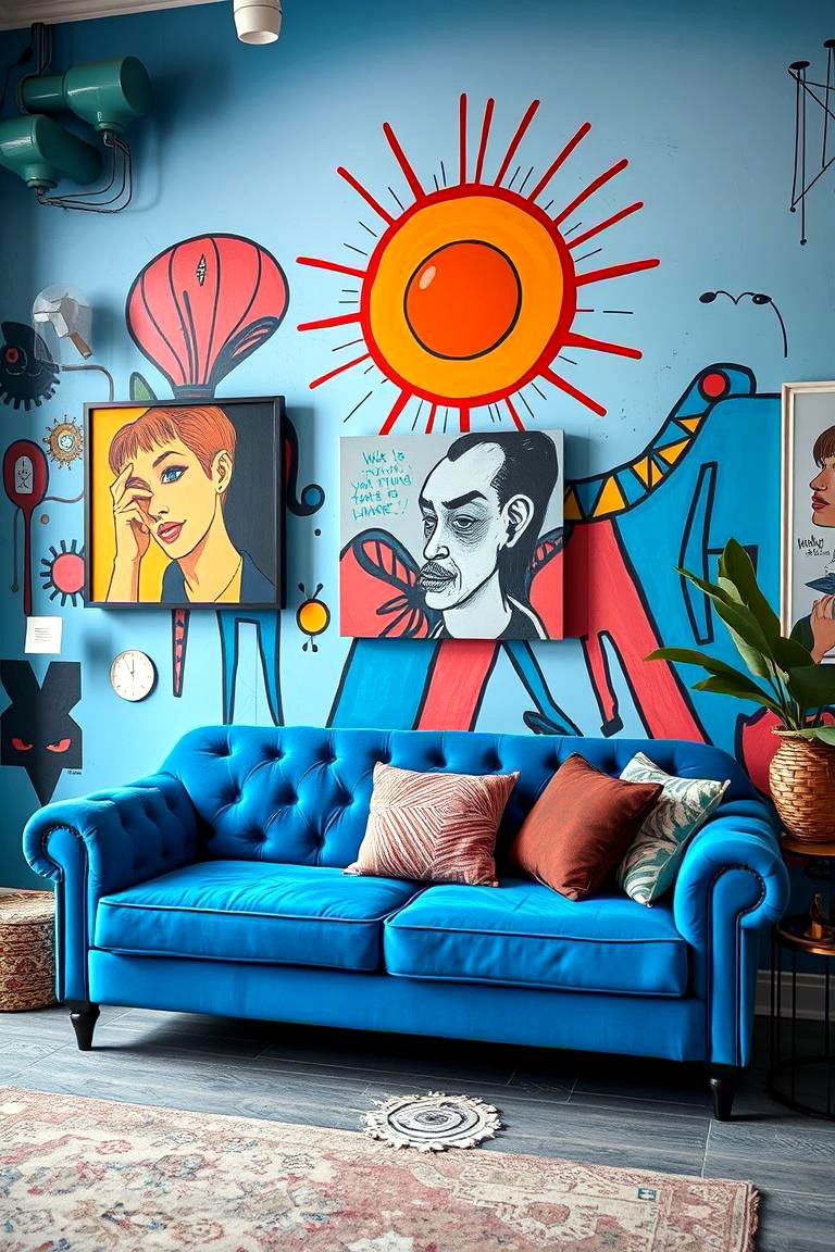 Artistic Blue Couch with Mural Backgrounds - 24 Blue Couch Living Room Ideas
