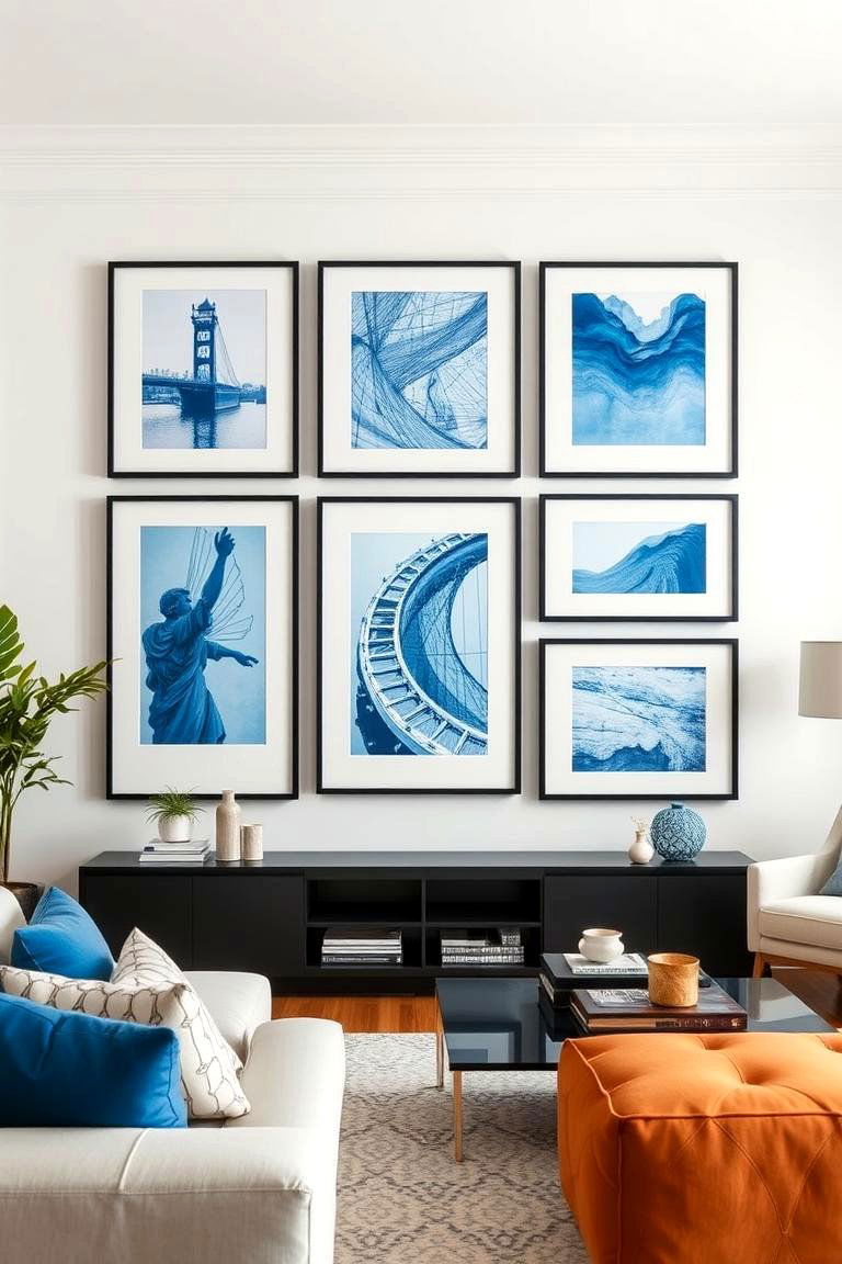 Artistic Blue Gallery Walls with Black Frames - 24 Black and Blue Living Room Ideas