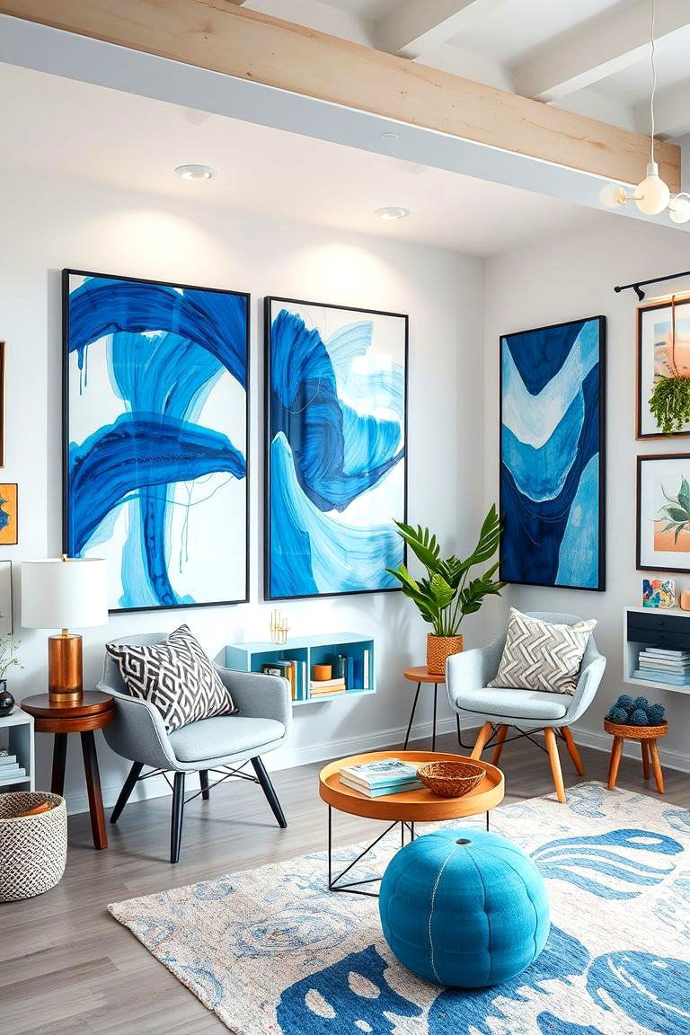 Artistic Blue Wall Art for Creative Expression - 24 Blue Living Room Ideas