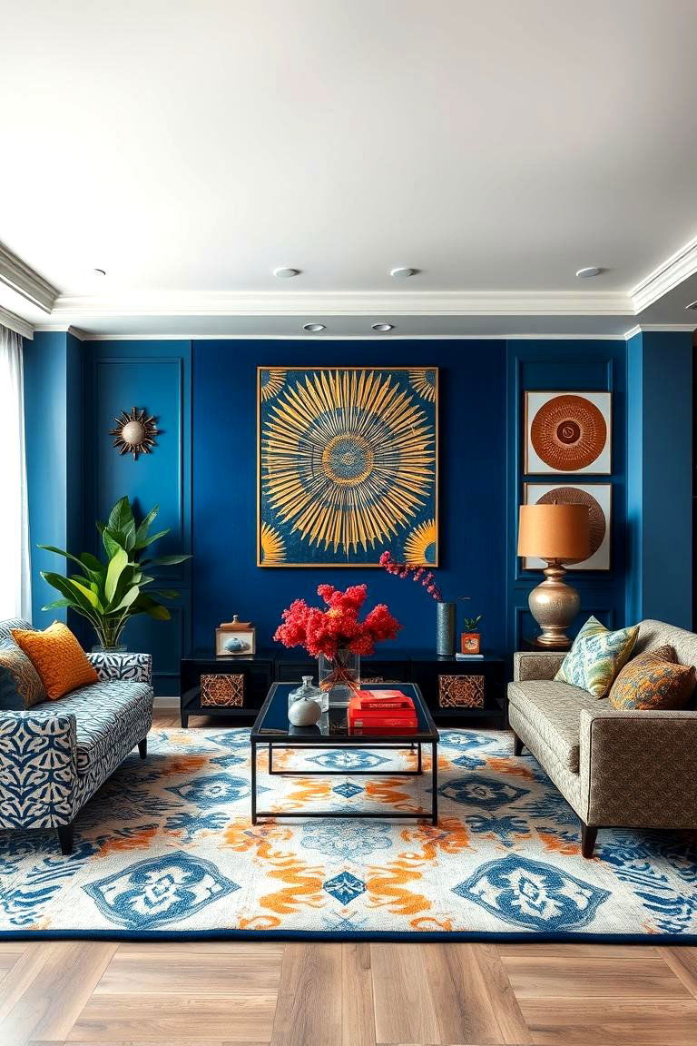 Artistic Blue and Gold Wall Decor - 24 Blue and Gold Living Room Ideas