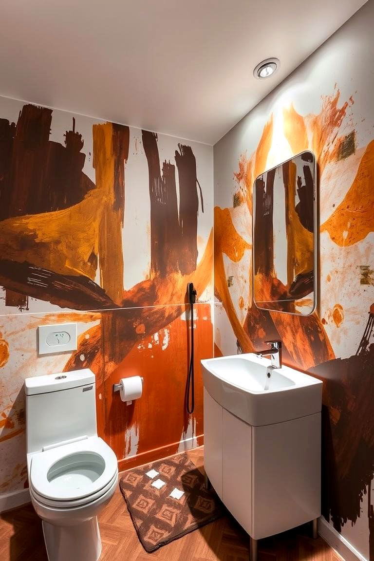 Artistic Brown and White Abstract Mural - 24 Brown and White Bathroom Ideas