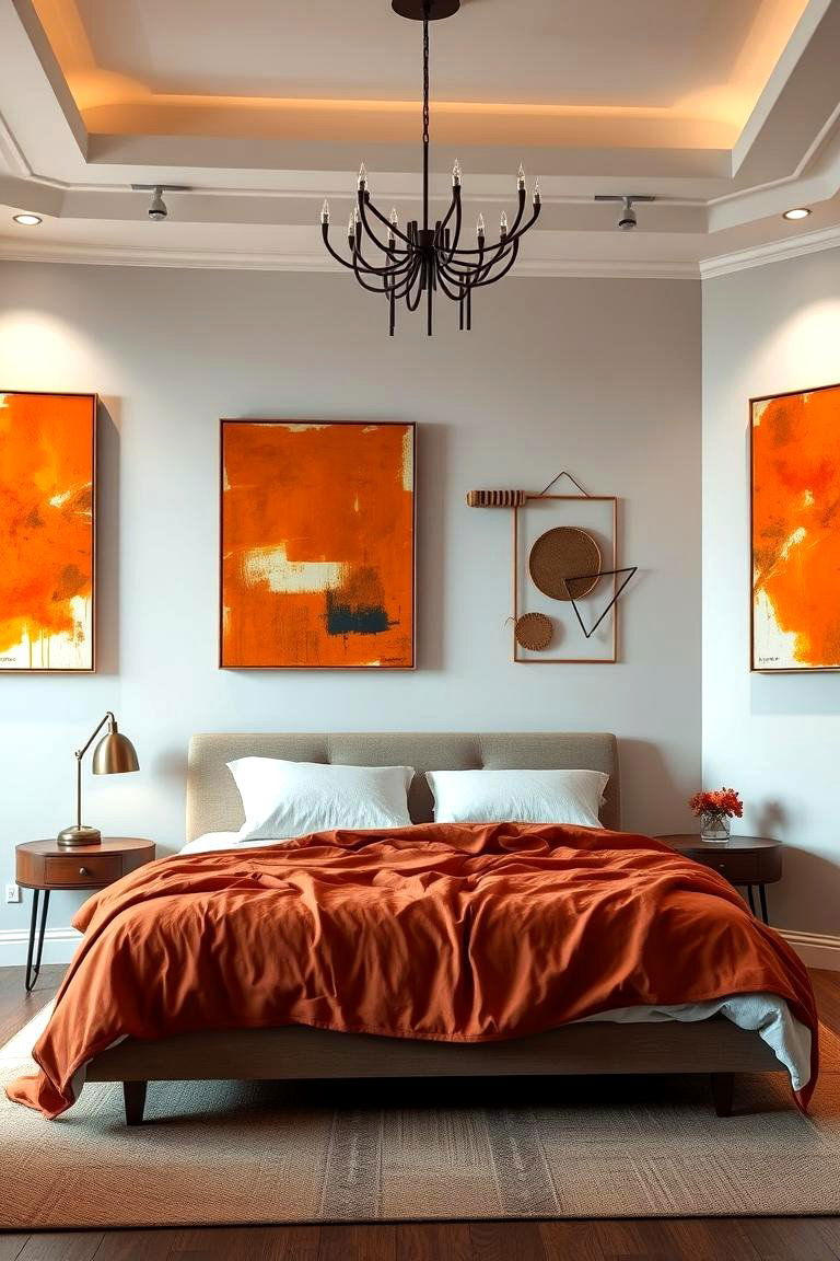 Artistic Burnt Orange Statement Paintings - 24 Burnt Orange Bedroom Ideas