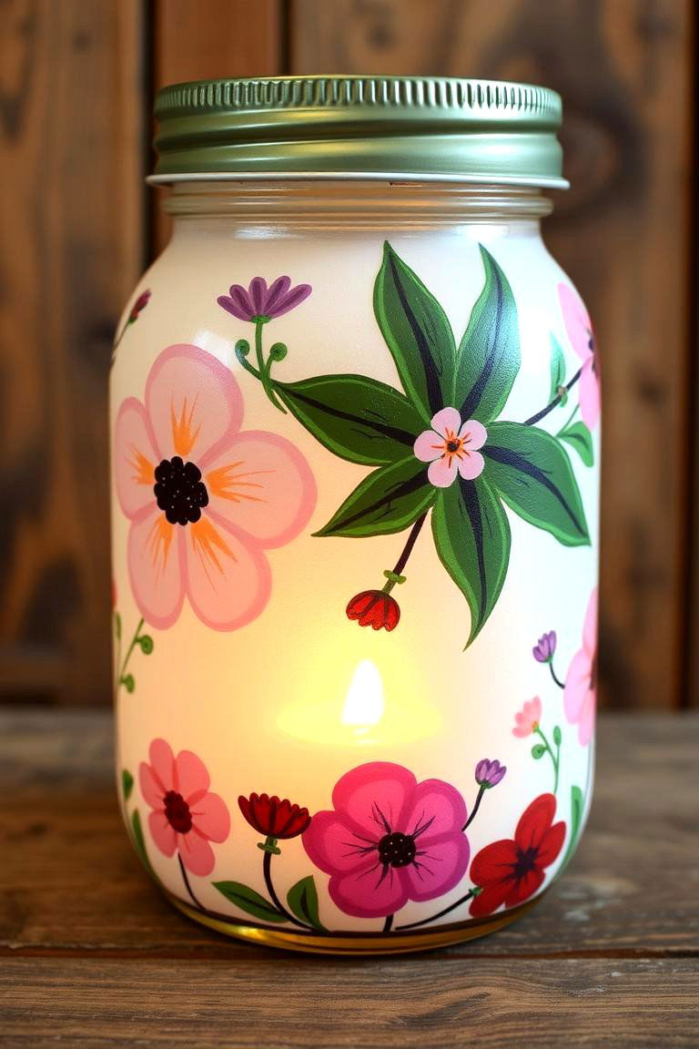 Artistic Expression Hand Painted Jars and Creative Blooms - 24 Mason Jar Wedding Centerpieces