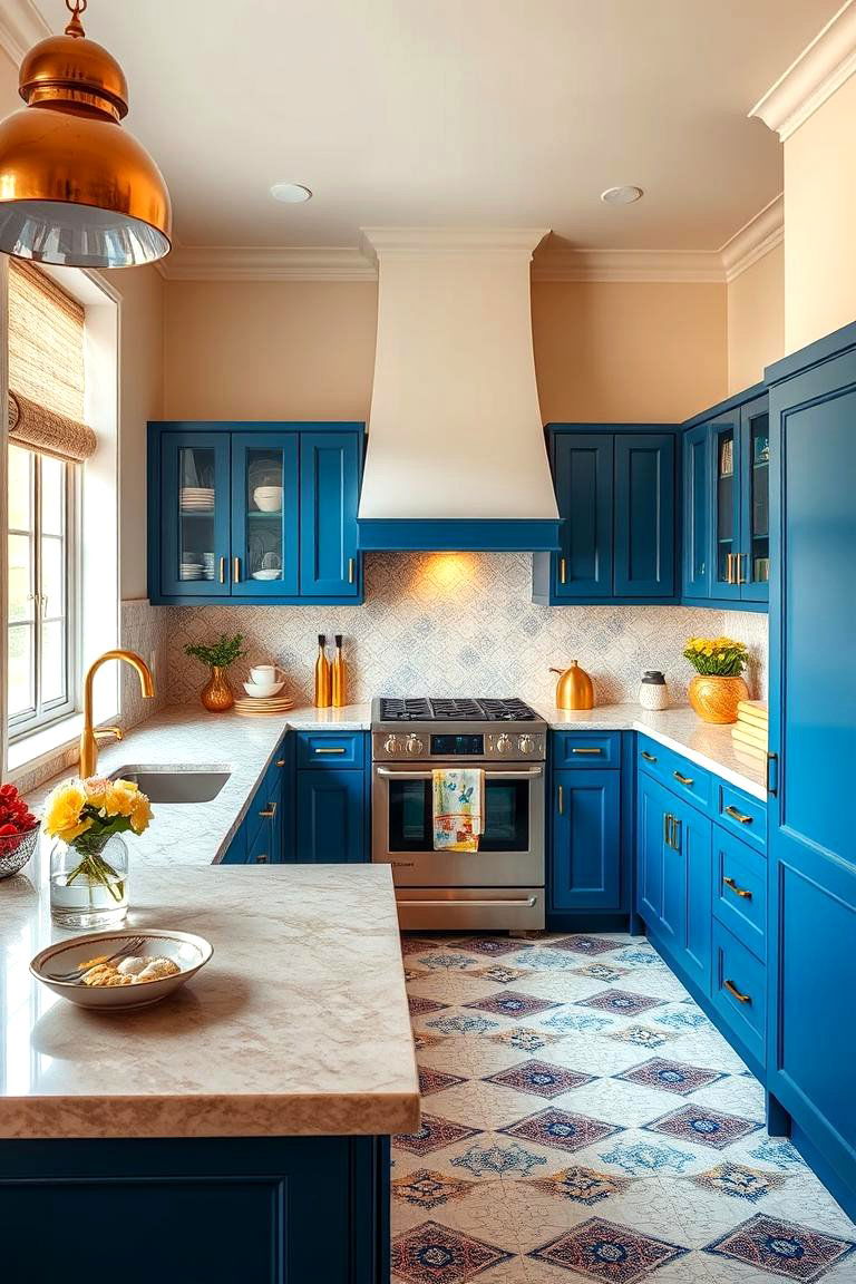 Artistic Expression Hub - 24 blue kitchen cabinets with gold hardware