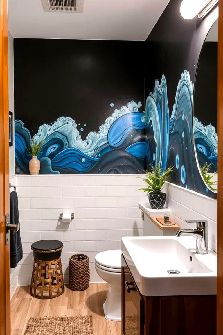 Artistic Expression Through Mural Accents - 24 black and blue bathroom ideas