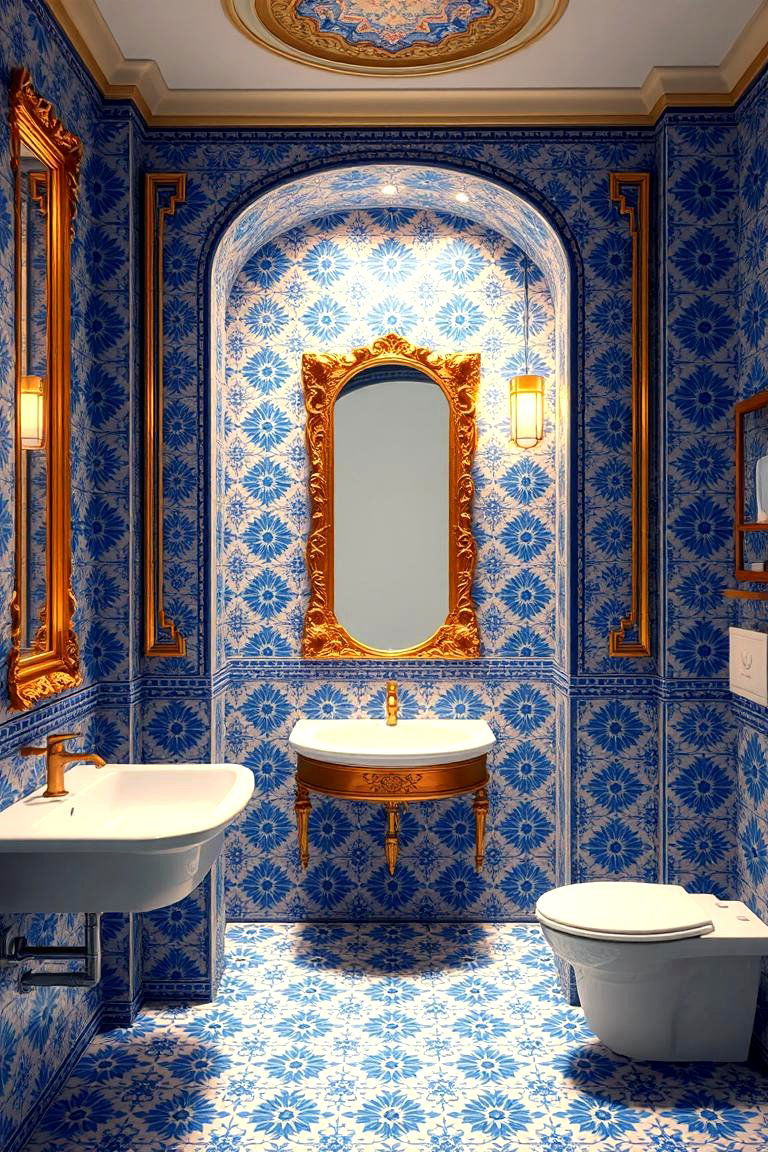 Artistic Expression with Blue Patterns and Gold Frames - 24 Blue and Gold Bathroom Ideas