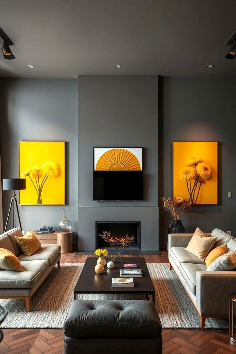 Artistic Expression with Grey Walls and Yellow Art - 24 Grey and Yellow Living Room Ideas