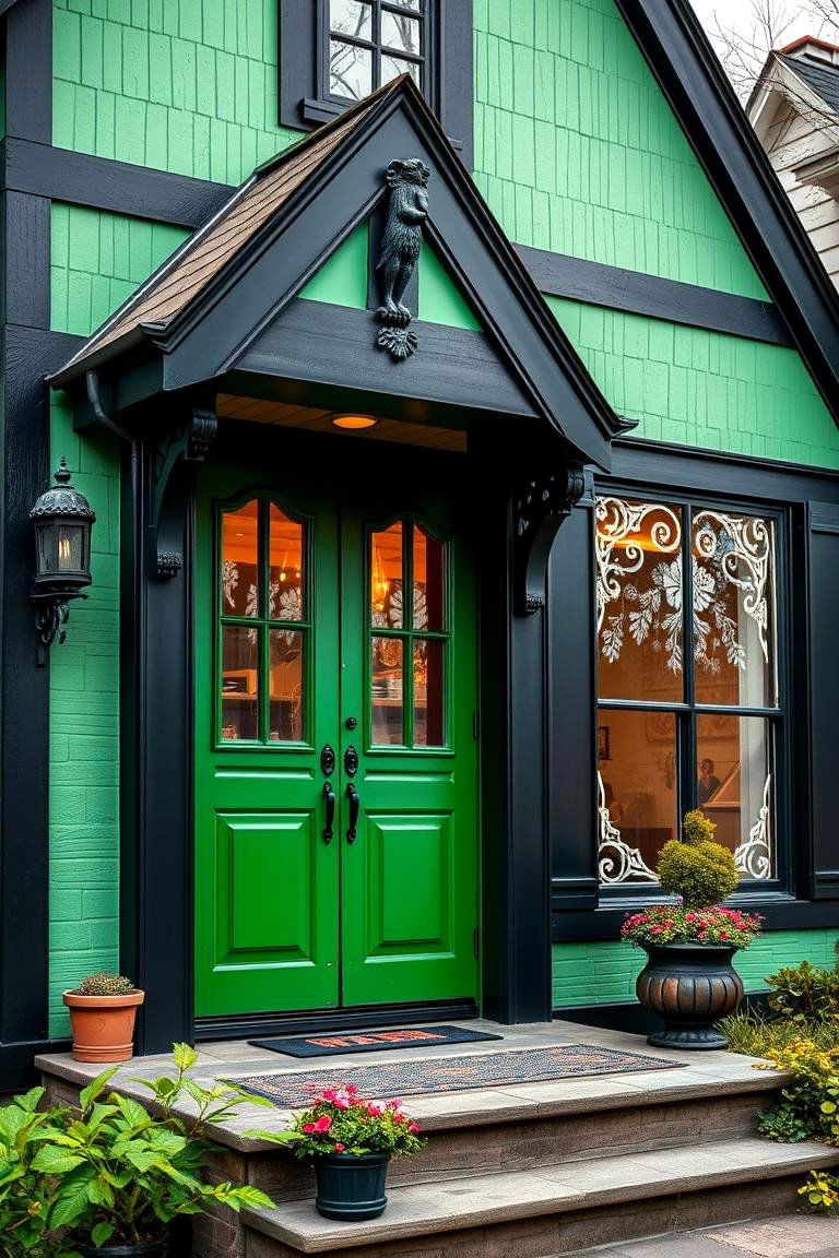 Artistic Exterior Detailing - 24 Green House Exterior With Black Trim