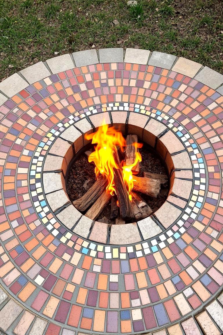 Artistic Fire Pit with a Mosaic Tile Surround - 24 Rustic Fire Pit Ideas